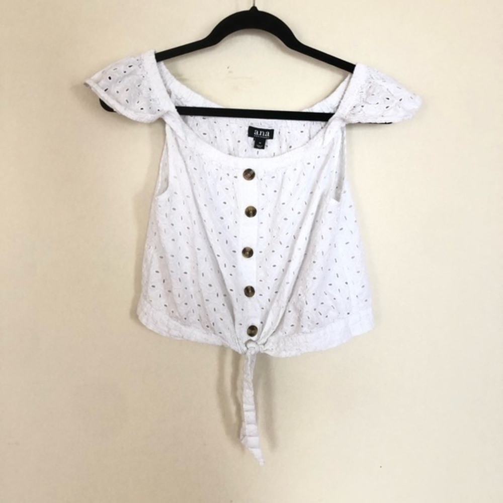 White Lace Eyelet Tie Front Cropped Blouse M